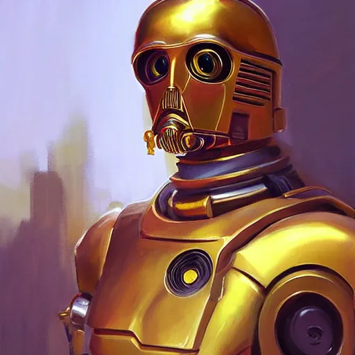 Prompt: greg manchess portrait painting of c 3 po as overwatch character, medium shot, asymmetrical, profile picture, organic painting, sunny day, matte painting, bold shapes, hard edges, street art, trending on artstation, by huang guangjian and gil elvgren and sachin teng