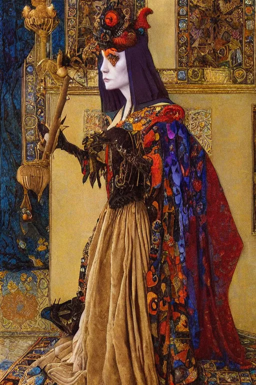 Prompt: portrait of the queen of crows, by Donato Giancola and John Bauer and Vermeer, embroidered velvet, iridescent beetles, rich color, ornate headdress, flowing robes, sacred artifacts, lost civilizations,featured on Artstation, cgisociety, unreal engine, extremely detailed