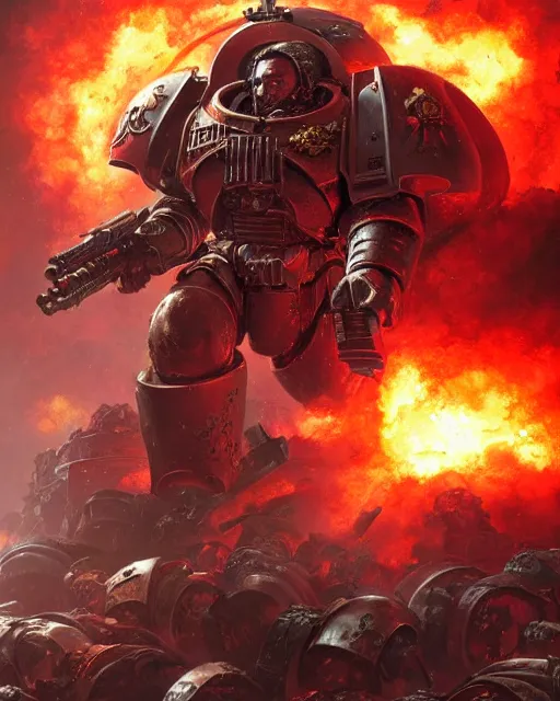 Image similar to space marine surrounded by explosions and burning buildings, sharp focus, hyper detailed, dark fantasy, warhammer 4 0 k, digital painting, by by artgerm and greg rutkowski and magali villeneuve