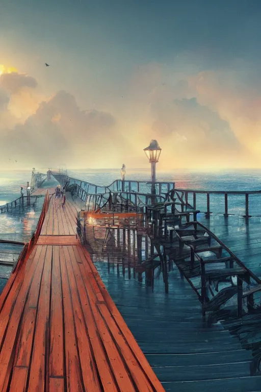 Image similar to marmalade sky with [ metal ] boardwalk along the ocean, trending on artstation, cgsociety, polycount, illustrated by greg rutkowski, intricate, detailed