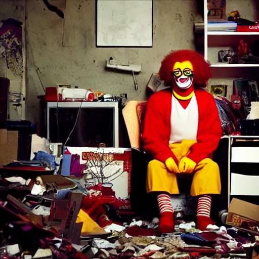 Image similar to ronald mcdonald sitting in an armchair in a cluttered apartment, gritty, film, somber