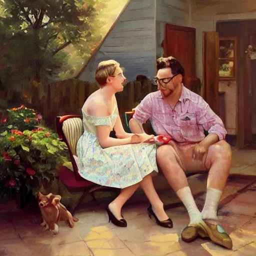 Prompt: 1 9 5 0 s americana, domestic scene with sam hyde and lena dunham, family, romantic, inviting, cozy, painting vladimir volegov