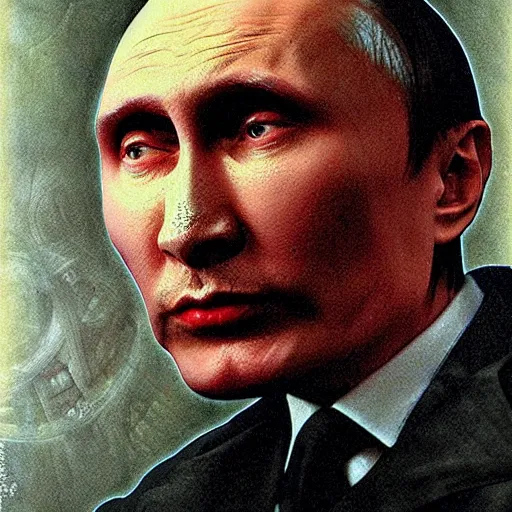 Prompt: stupid idiot degraded retard vlad putin photo - realistic, color image, hyper realistic, 2 k, highly detailed, occult art, by giger, fractal structure