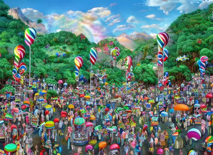 Prompt: where's waldo, lollipops and rainbows, lowbrow, matte painting, 3 - d highly detailed, in the style of camille rose garcia