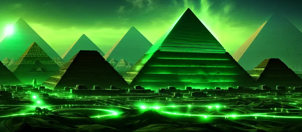 Image similar to the ethereal god of technology bestows the gift of green circuits to humanity. immaculate matte painting. fantastic. velvet and emerald. high key studio lighting. fractal dreams. ancient egypt, trending on artstation, cgsociety, ps 5, uhd 8 k cryengine