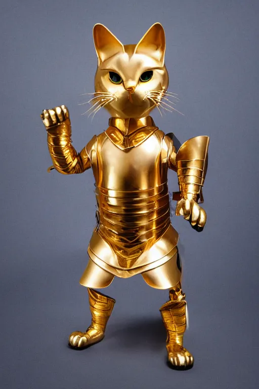 Image similar to a cat wearing gold plated armor, studio lighting