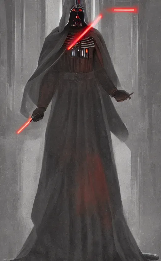 Prompt: « a beautiful sith male creating a rule of two in an ancient sith temple stylized as a catholic church, very realistic, trending on artstation »