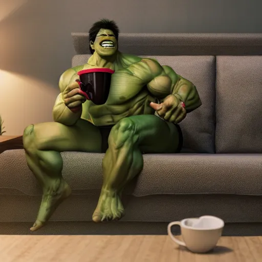 Prompt: A high definition photo of a happy and smiling incredible hulk drinking a cup of coffee on a couch in his living room, hyperdetailed, artstation, digital art, photorealism, accurate, 8k,