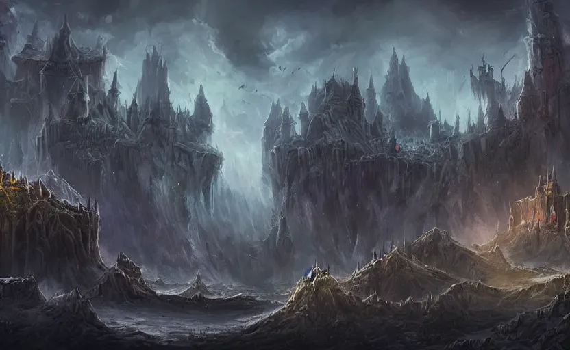 Prompt: an arcane fortress, magical and powerful, landscape art, mindblowing, concept art, matte, illustration, ominous, magical, dnd, 4 k uhd, very detailed