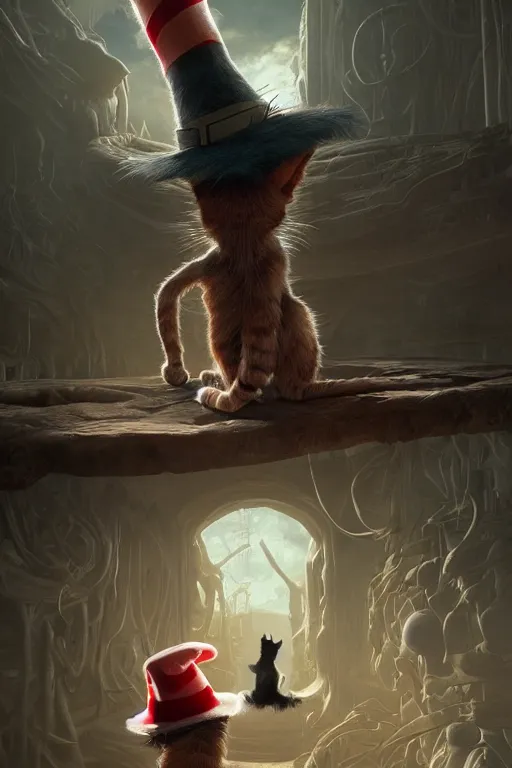 Prompt: complex 3 d render, hyper detailed, ultra sharp, of the cat in the hat, scary, cinematic, natural soft light, rim light, art by greg rutkowski and artgerm and beksinski, dr seuss