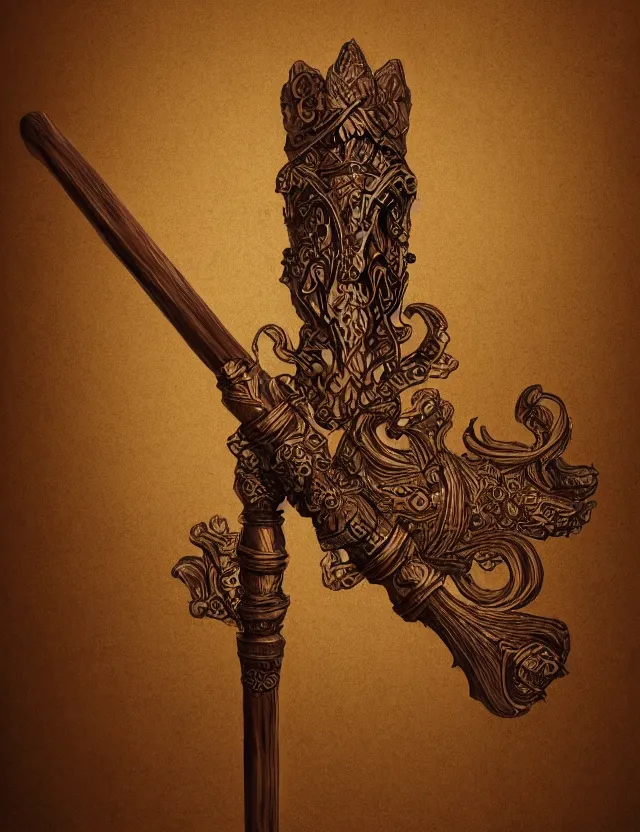 Image similar to medium shot of an ornate wooden staff, fantasy illustration, medieval era, blank background, studio lighting, hand - drawn digital art