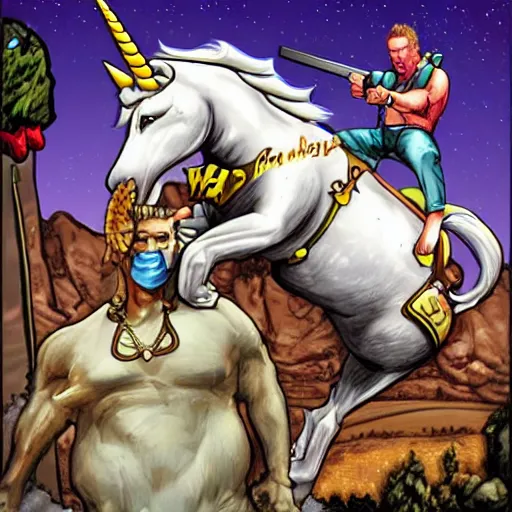 Prompt: Duke Nukem riding a unicorn