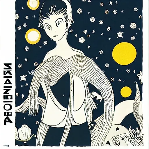 Image similar to ikea manual by osamu tezuka. a beautiful illustration of a woman with long flowing hair, wild animals, & a dark, starry night sky.