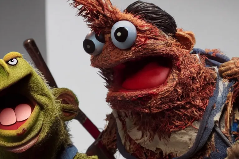 Prompt: High definition scene from Evil Dead Muppets starring Bruce Campbell as Ash