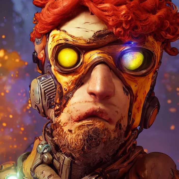 Image similar to glowwave portrait of curly orange hair man from borderlands 3, au naturel, hyper detailed, digital art, trending in artstation, cinematic lighting, studio quality, smooth render, unreal engine 5 rendered, octane rendered, art style by klimt and nixeu and ian sprigger and wlop and krenz cushart.