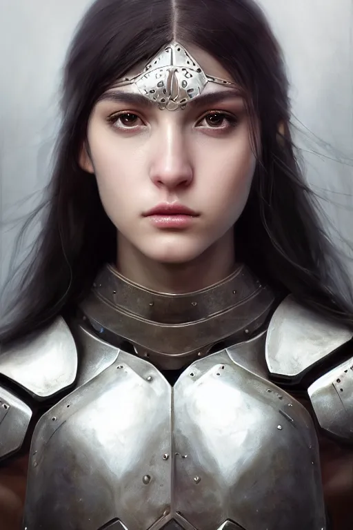Prompt: a photorealistic character portrait of an attractive young girl, partially clothed in metal-plated battle armor, olive skin, long dark hair, beautiful bone structure, symmetrical face, perfect eyes, intricate, elegant, digital painting, concept art, illustration, sharp focus, minimal artifacts, volumetric lighting, from Metal Gear, in the style of Ruan Jia and Mandy Jurgens and Greg Rutkowski, trending on Artstation, award winning