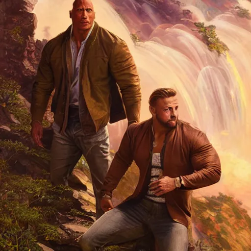 Image similar to Dwayne Johnson and Ryan Gosling Save the World, fantasy, intricate, elegant, highly detailed, digital painting, artstation, concept art, smooth, sharp focus, illustration, art by artgerm and greg rutkowski and alphonse mucha