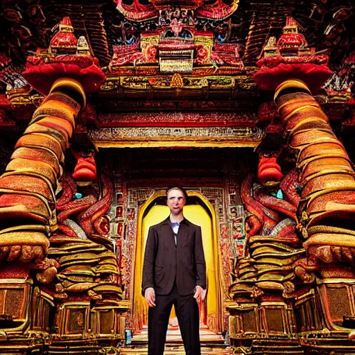 Image similar to !dream Photorealistic man standing inside a temple made of snakes. Hyperdetailed photorealism, 108 megapixels, amazing depth, glowing rich colors, powerful imagery, psychedelic Overtones