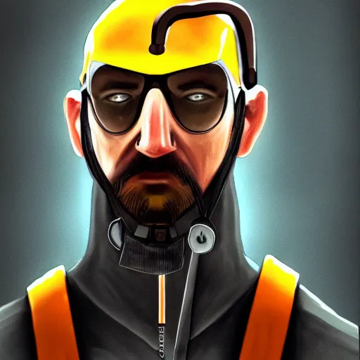 Prompt: A beautiful illustration and portrait of gordon freeman in his hev suit holding a crowbar, trending on artstation