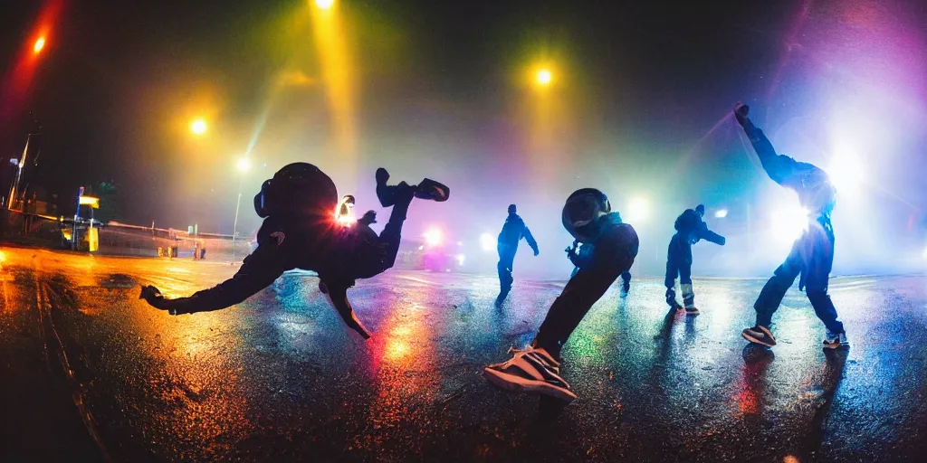 Image similar to fisheye lens trail effect of astronauts doing break dance, long exposure shot , foggy night in the middle of a rainy street with colorful rim lights, paddle of water water splashes, glossy reflections, water droplets on lens, tongue of fire, detailed and soft, fisheye lens, smooth, sharp focus, professional photoshoot, film grain, film look, inspired by blade runner