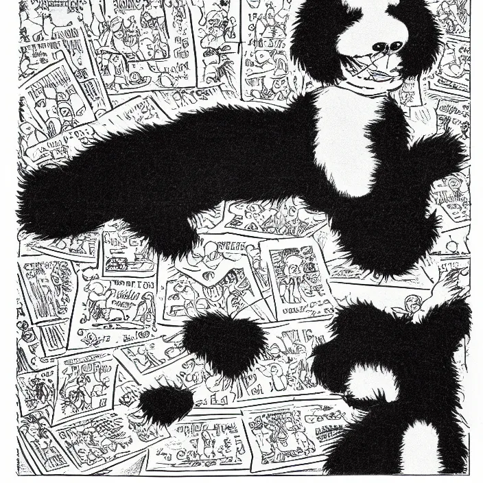 Image similar to a still frame from comic strip, a portrait of black fluffy furry sleeping dog 1 9 5 0, herluf bidstrup, new yorker illustration, monochrome bw, lineart, manga, tadanori yokoo, simplified,