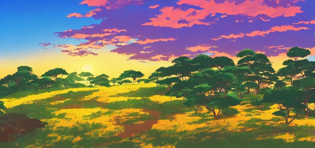 Image similar to countryside next to the ocean during golden hour by studio ghibli, peaceful, serene, blissful, golden hour