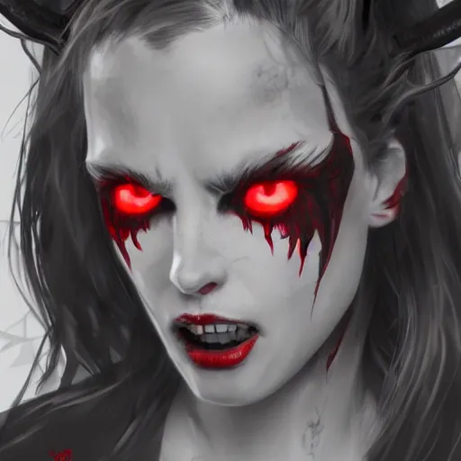 Image similar to artstation young woman with red eyes and horns on her head in fury, very detailed, , portrait, high contrast