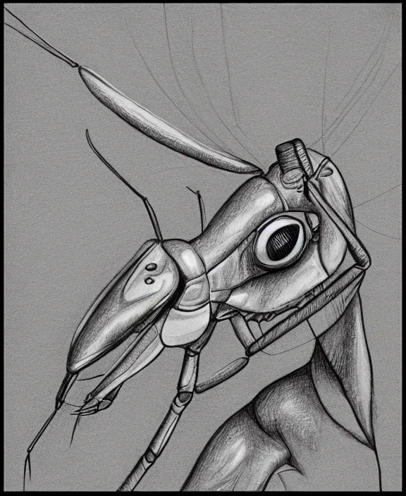 Image similar to a pencil drawing portrait of a cyborg praying mantis facing the camera