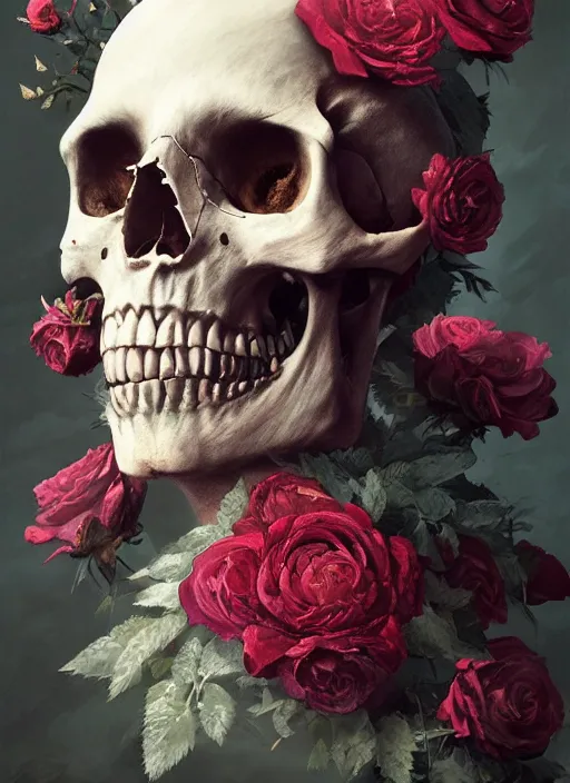 Image similar to A fancy portrait of a skull wrapped in roses by Greg Rutkowski, Sung Choi, Mitchell Mohrhauser, Maciej Kuciara, Johnson Ting, Maxim Verehin, Peter Konig, Bloodborne, 8k photorealistic, cinematic lighting, HD, high details, dramatic, atmospheric , trending on artstation