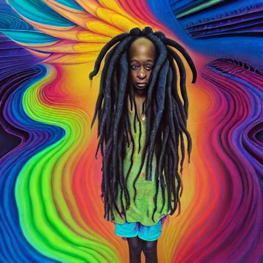 Image similar to a wide angle shot of a black girl with colorful dreadlocks in a field of candy, by Adi granov and afarin sajedi and amanda sage and evgeni gordiets and Agostino Arrivabene and adonna khare in a psychedelic portrait style, ultrarealistic matte painting, volumetric lighting, fractal, extremely symmetrical, highly detailed face, orisha, 8k, hd