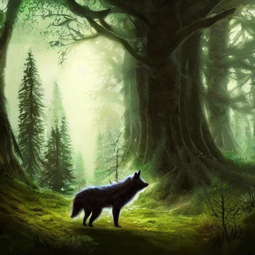 Image similar to a woodland druid in a forest with a wolf bird and racoon, photorealistic, in the style of greg rutkowski, digital painting