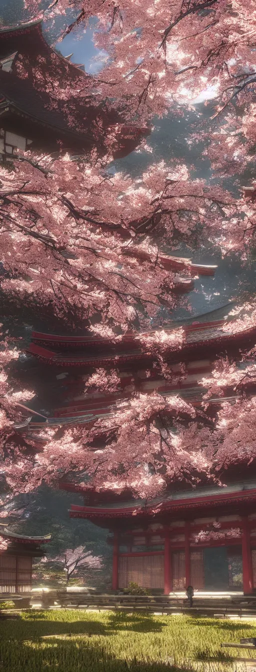 Prompt: a Japanese Shinto Temple in the midst of a stunning Sakura Garden, in the style of Sekiro Shadows Die Twice, artful, rendered in CryEngine, Japanese aesthetic