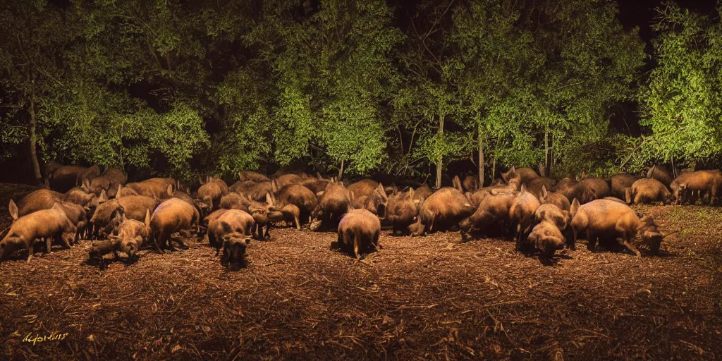 Image similar to a trap camera night photo of a big group of wild boars in a forest, real, photography