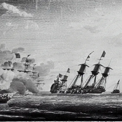 Prompt: a cinematic battle scene of a british brigantine and a french frigate warships firing cannons abroad the sea, naval warfare, late 1 7 0 0 s, photograph from afar depicting great ships at war