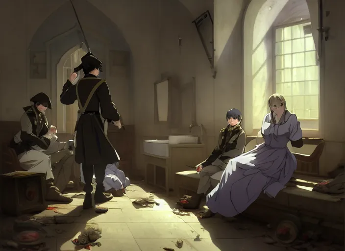 Image similar to 1 8 5 4 crimea, florence nightingale, army hospital in scutari, overcrowded, filthy, blocked drains, broken toilets, rats, wounded soldiers, sleep dirty floor, no blankets, finely detailed perfect art, gapmoe yandere grimdark, trending on pixiv fanbox, painted by greg rutkowski makoto shinkai takashi takeuchi studio ghibli