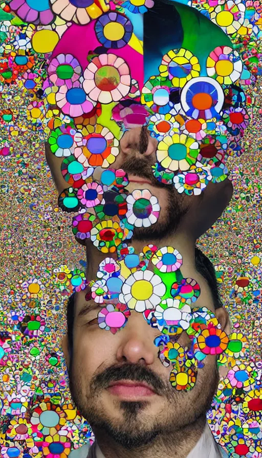 Image similar to a digital collage of a man's face surrounded by colorful objects, a digital rendering by takashi murakami, behance contest winner, neo - dada, maximalist, glitch art, fractalism