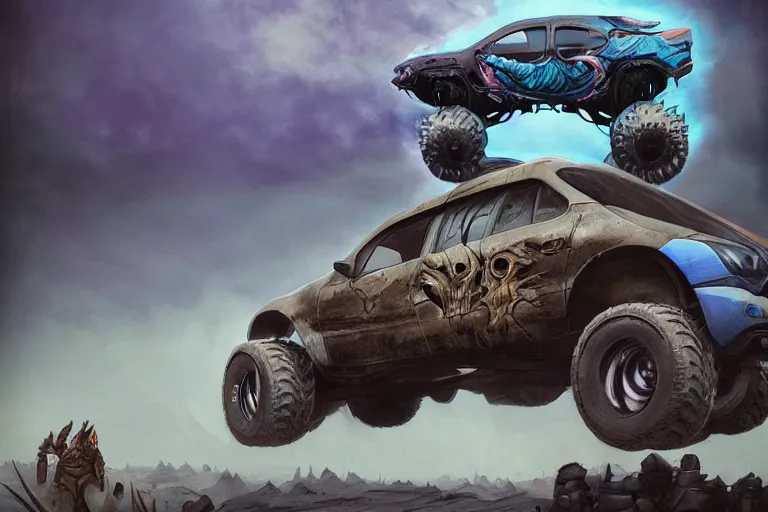 Prompt: a Dacia Logan as a monster truck, coriolios rpg art style, full of details, dark sci-fi, cold blue colors, matte painting, artstation, 8k, hyperrealistic, style of peter mohrbacher