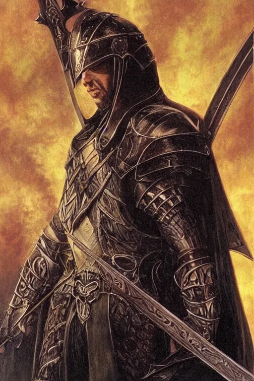 Image similar to Nicholas Cage as a paladin with a longsword, detailed fantasy art by Gerald Brom