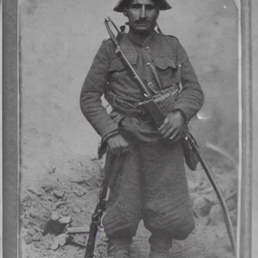 Prompt: Kurdish soldier, ww1 trench, war photo, award winning photo, incredibly detailed