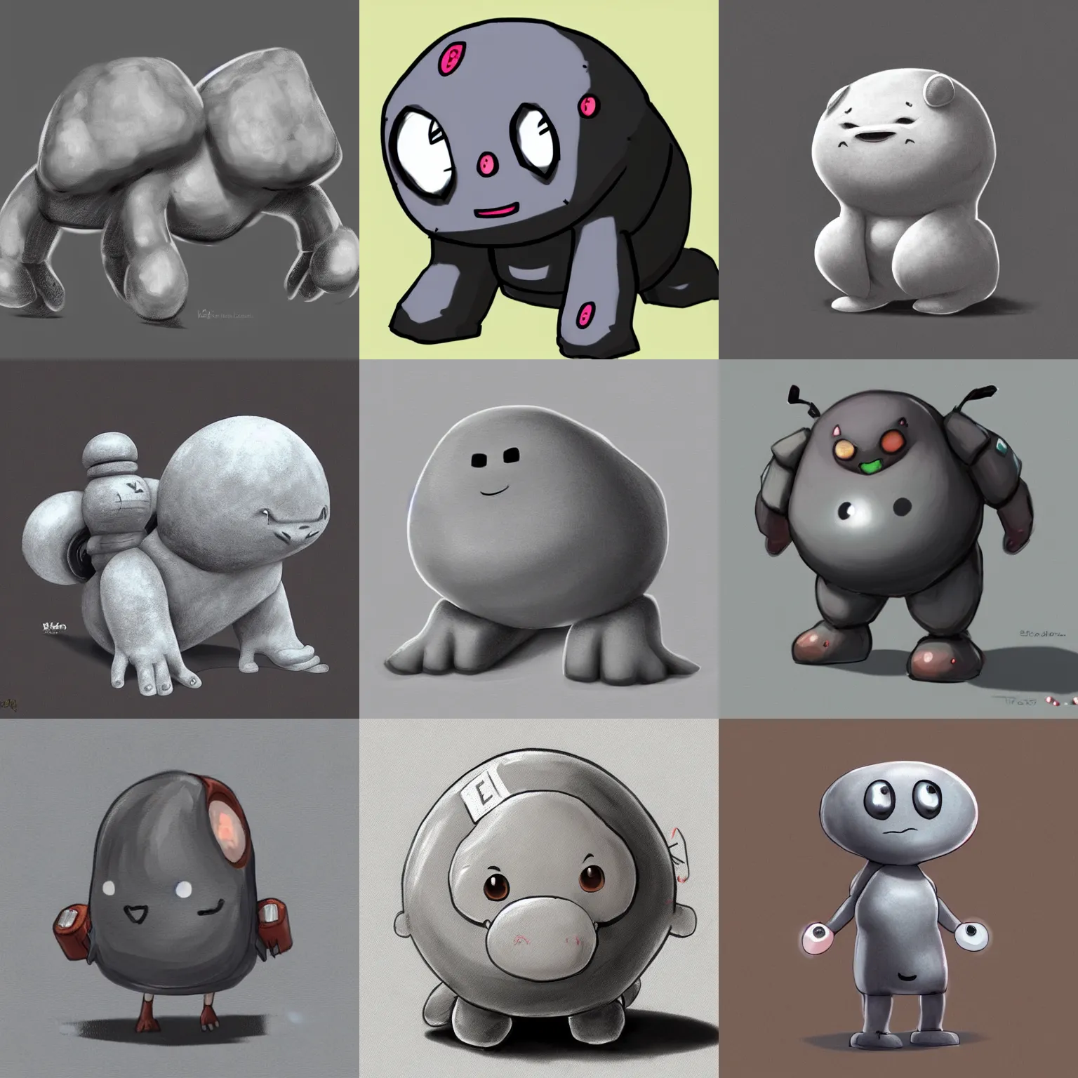 Prompt: kawaii gray boulder with stubby arms and legs, video game concept art, sketch