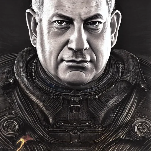 Image similar to benjamin netanyahu as vladimir harkonnen, dune, portrait, intricate, elegant, highly detailed, digital painting, artstation, concept art, wallpaper, smooth, sharp focus, illustration, art by h. r. giger and artgerm and greg rutkowski and alphonse mucha