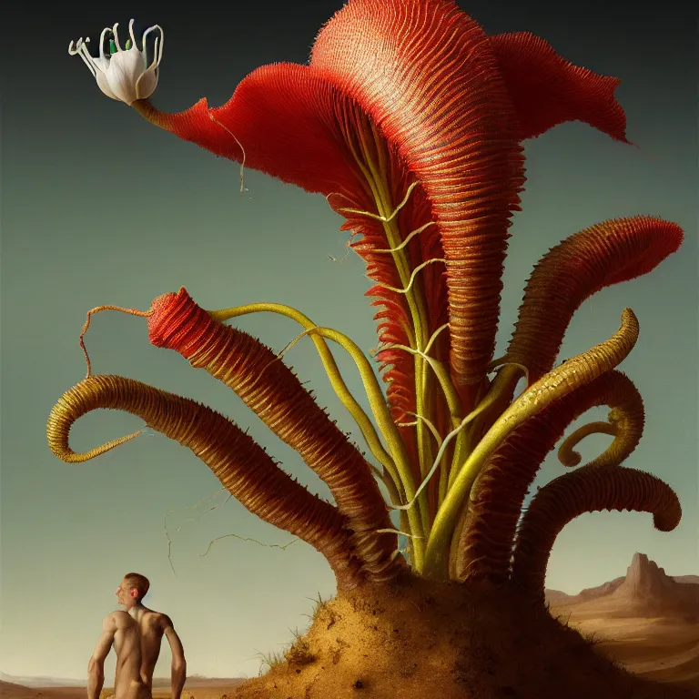 Image similar to carnivorous plant, young white man, in desert, dune, baroque portrait painting, beautiful detailed intricate insanely detailed octane render trending on Artstation, 8K artistic photography, photorealistic, chiaroscuro, Raphael, Caravaggio