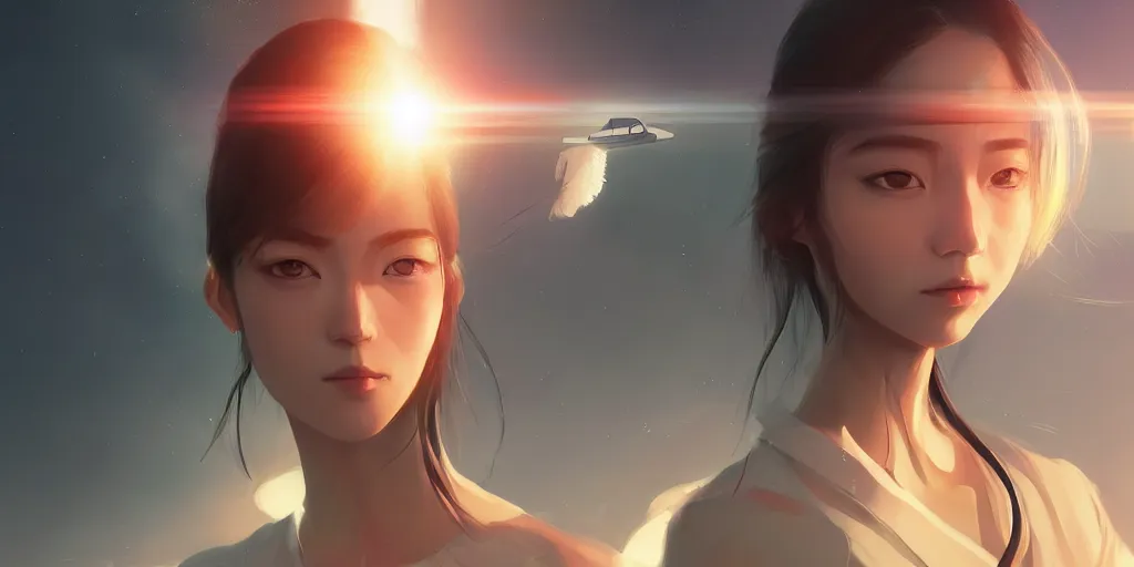 Image similar to Young Tibetan woman, somber white eyes, long, gentle lighting, piloting a small space shuttle, futuristic, dim lighting, digital art by Makoto Shinkai ilya kuvshinov and Wojtek Fus, digital art, concept art,