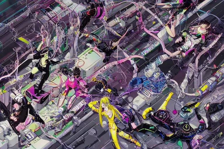 Prompt: a cyberpunk illustration of a group of four super-coherent colorful female androids dressed in seifuku in style of masamune shirow, lying scattered across an empty, white floor with their bodies rotated in different poses and cables and wires coming out, by yukito kishiro and katsuhiro otomo, hyper-detailed, intricate, bird view