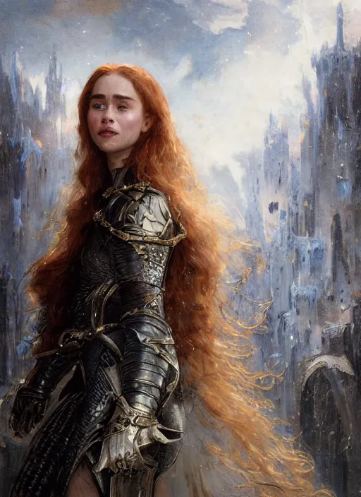 Image similar to happy redhead emilia clarke wearing shiny black medieval armour, detailed, by gaston bussiere, bayard wu, greg rutkowski, giger, maxim verehin, greg rutkowski, masterpiece, sharp focus, cinematic lightning