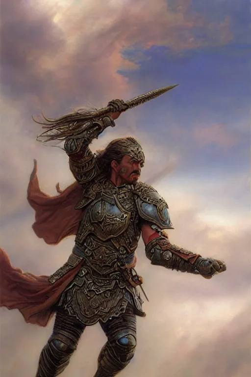 Prompt: masterpiece matte painting of a warrior falling from the clouds, male, breastplate, magical, high fantasy, d & d, by donato giancola, face details, extremely detailed, digital illustration