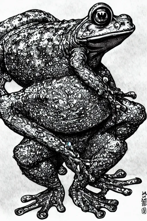 Image similar to humanoid frog warrior, toad themed, bog, symmetrical, highly detailed, digital art, sharp focus, trending on art station, kentaro miura manga art style