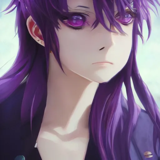 Prompt: beautiful anime ( ( ( ( shion ) ) ) ) with purple hair, ( ( horn ) ) ( ( ( ponytail ) ) ) ( purple eyes ), a purple tuxedo, sharp focus, intricate, cell shaded, award winning photography, cinematic, digital painting, cinematic, wlop, 8 k, by ross tran, tom bagshaw