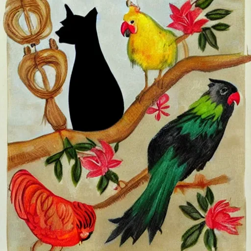 Image similar to black cat and two parrots and a hen