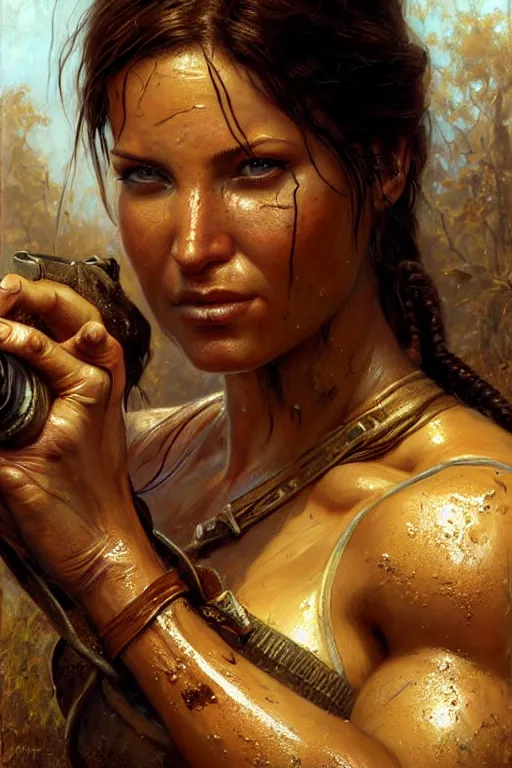 Image similar to muscular sweat lara croft, covers with mud, exhausted, face close up, highly detailed painting by gaston bussiere, craig mullins, j. c. leyendecker 8 k